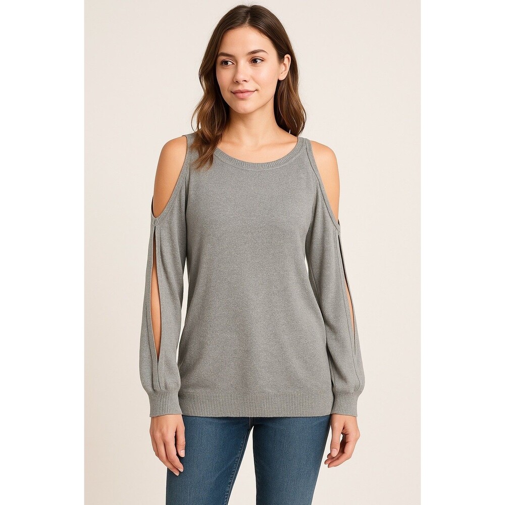 Vince Camuto Sparkly Sweater Womens Large SIlver Gray Cold Shoulder Sleeve Knit